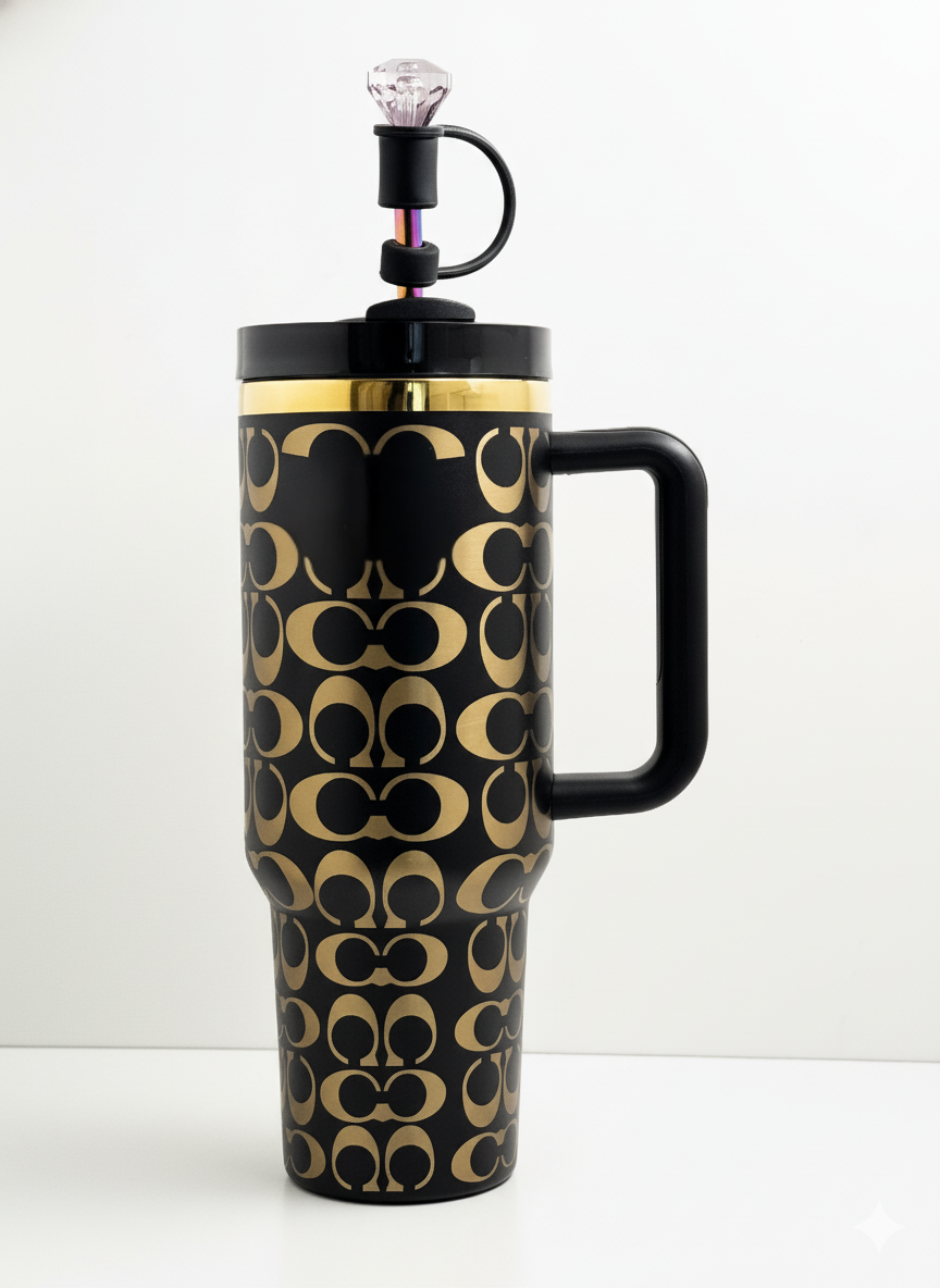 40oz Holographic Monogram Quencher Tumbler – Black & Gold